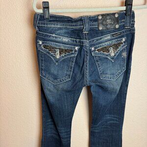 Miss Me Metal Studded Distressed Boot Cut VTG low rise sz 28 jean dark wash